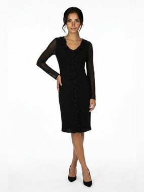 Evan Picone Black Ruffle-Front Sheath Midi Dress